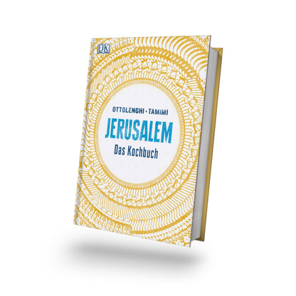 Kochbuch Jerusalem mit gelb-weißem Cover, Autoren Ottolenghi & Tamimi, Titel und Namen sichtbar.