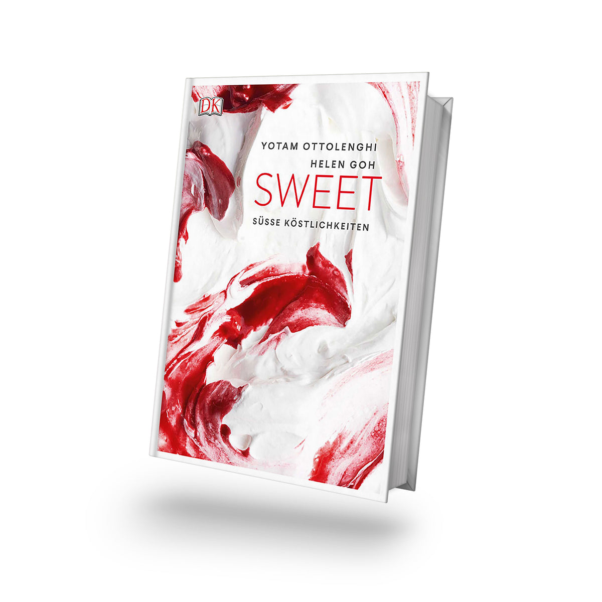 Sweet von Yotam Ottolenghi mit roten und weißen Wirbeln, zeigt Cookies und Kekse, auf weißem Grund.