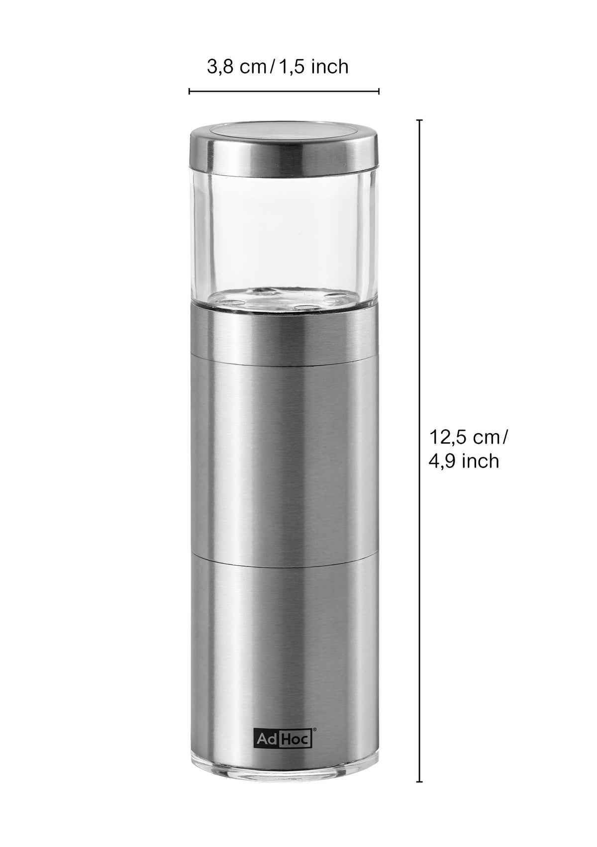 Muskatreibe Muskatino aus Edelstahl mit Glasdeckel, sichtbare Klingen, zylindrische Form.