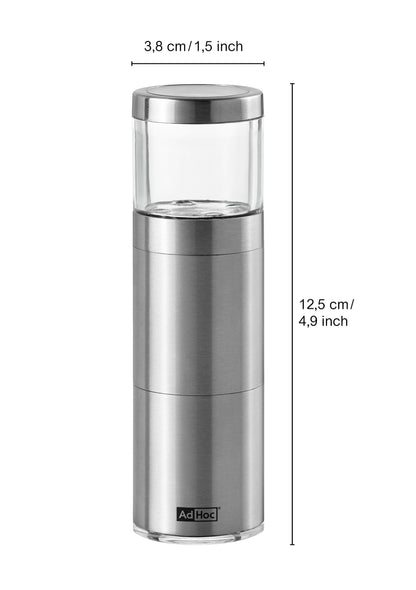 Muskatreibe Muskatino aus Edelstahl mit Glasdeckel, sichtbare Klingen, zylindrische Form.