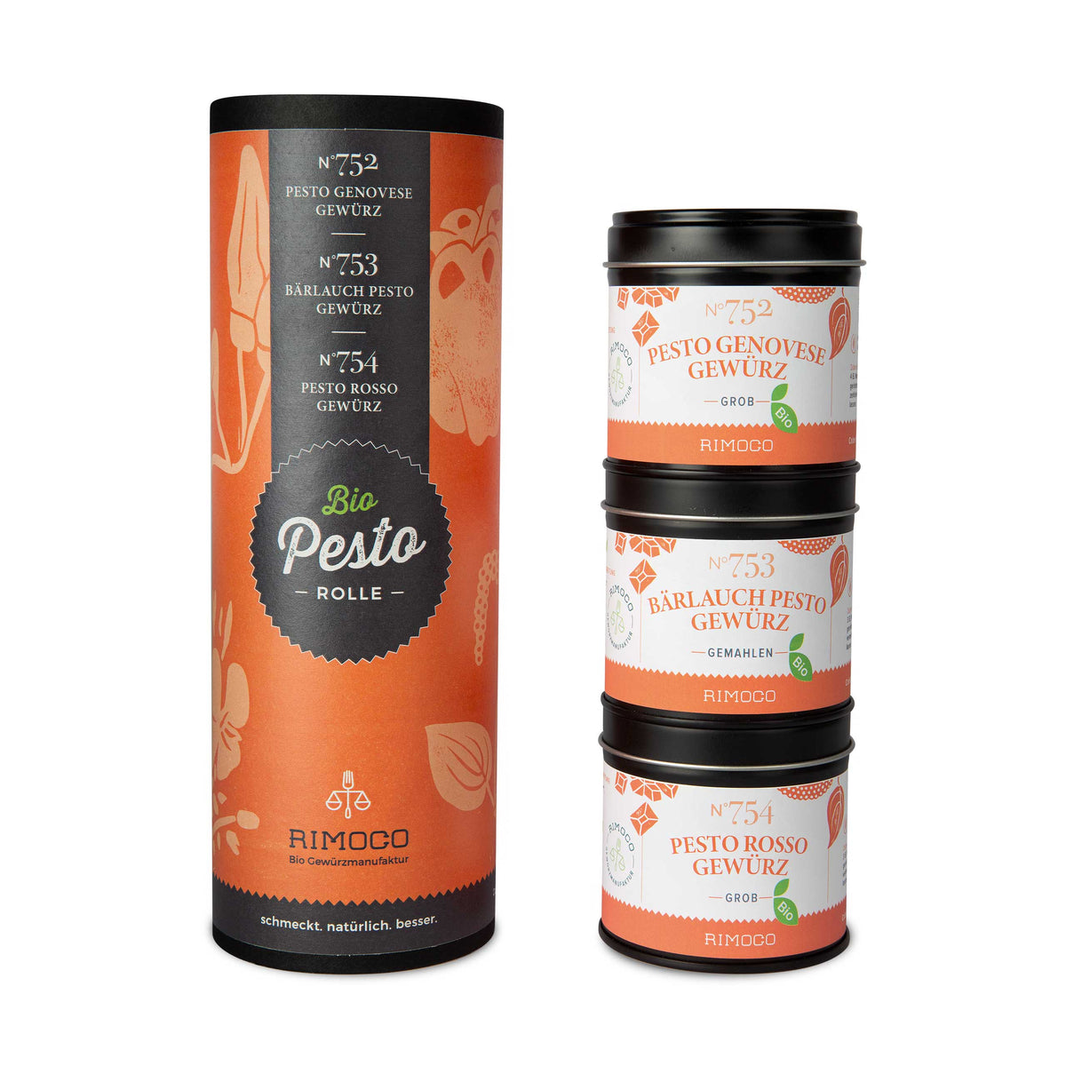 Zylindrische Dosis neben drei Dosen mit der Aufschrift Pesto Gewürze Set.