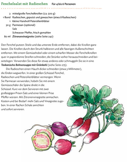 Salat mit rosa Salzflocken aus dem Geschenkset Salz Fett Säure Hitze, Illustration.