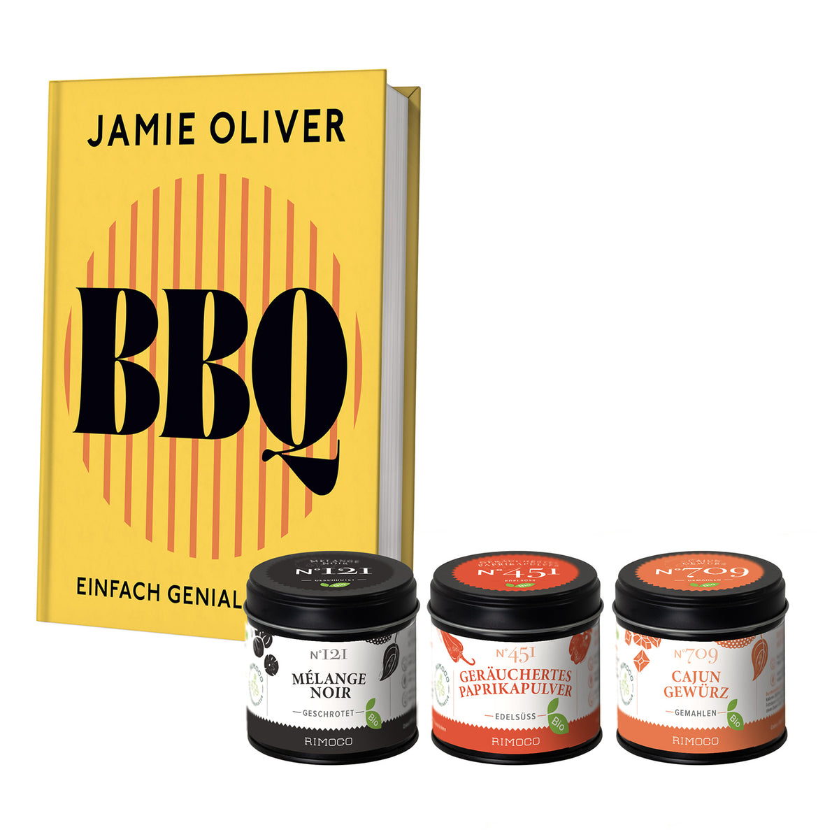 Jamie Oliver BBQ-Geschenkset mit drei Bio-Gewürzen: Mélange Noir, Paprika, Cajun Seasoning.