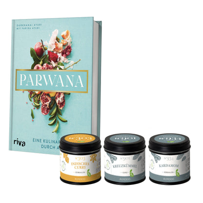 Parwana Geschenkset mit dekorierten Dosen: Indisches Currypulver, gemahlener Kreuzkümmel, Kardamom.