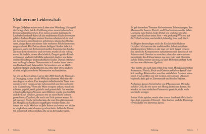Doppelseite mit Text zu mediterraner Küche auf pfirsichfarbenem Hintergrund.