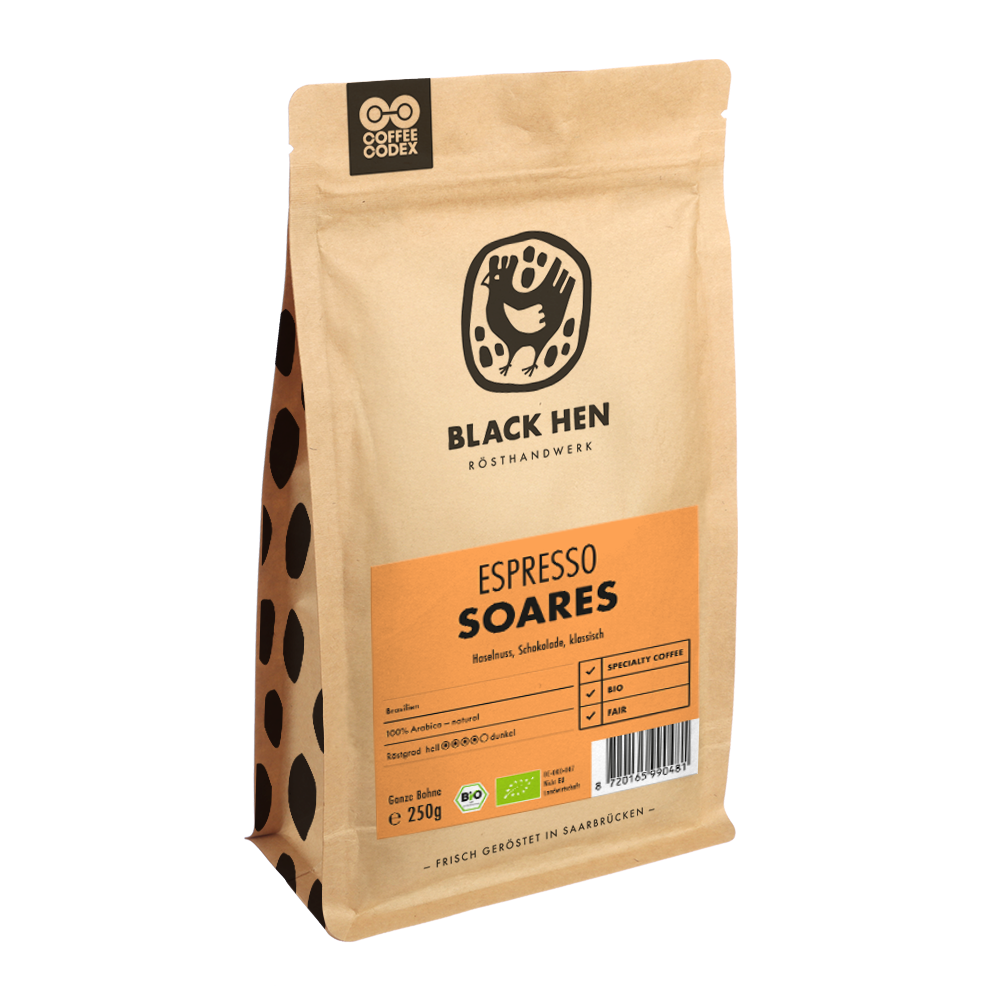 Bio Espresso SOARES in brauner Tüte mit orangem Etikett und schwarzem Hühnerlogo.