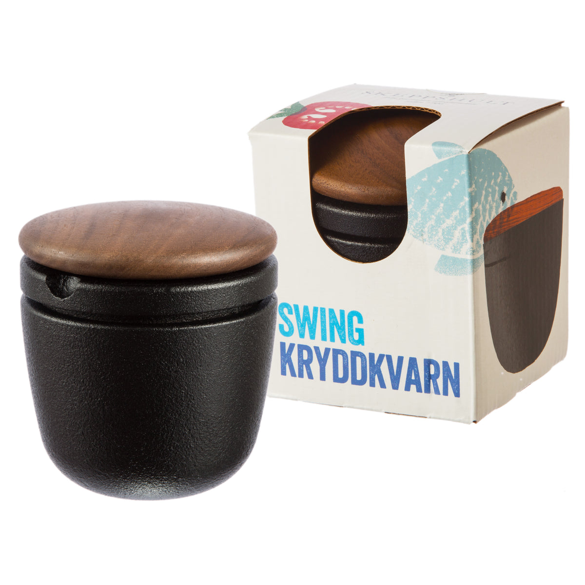Schwarzer Swing Mörser mit Holzdeckel, daneben die Verpackung mit Aufschrift SWING KRYDDKVARN.