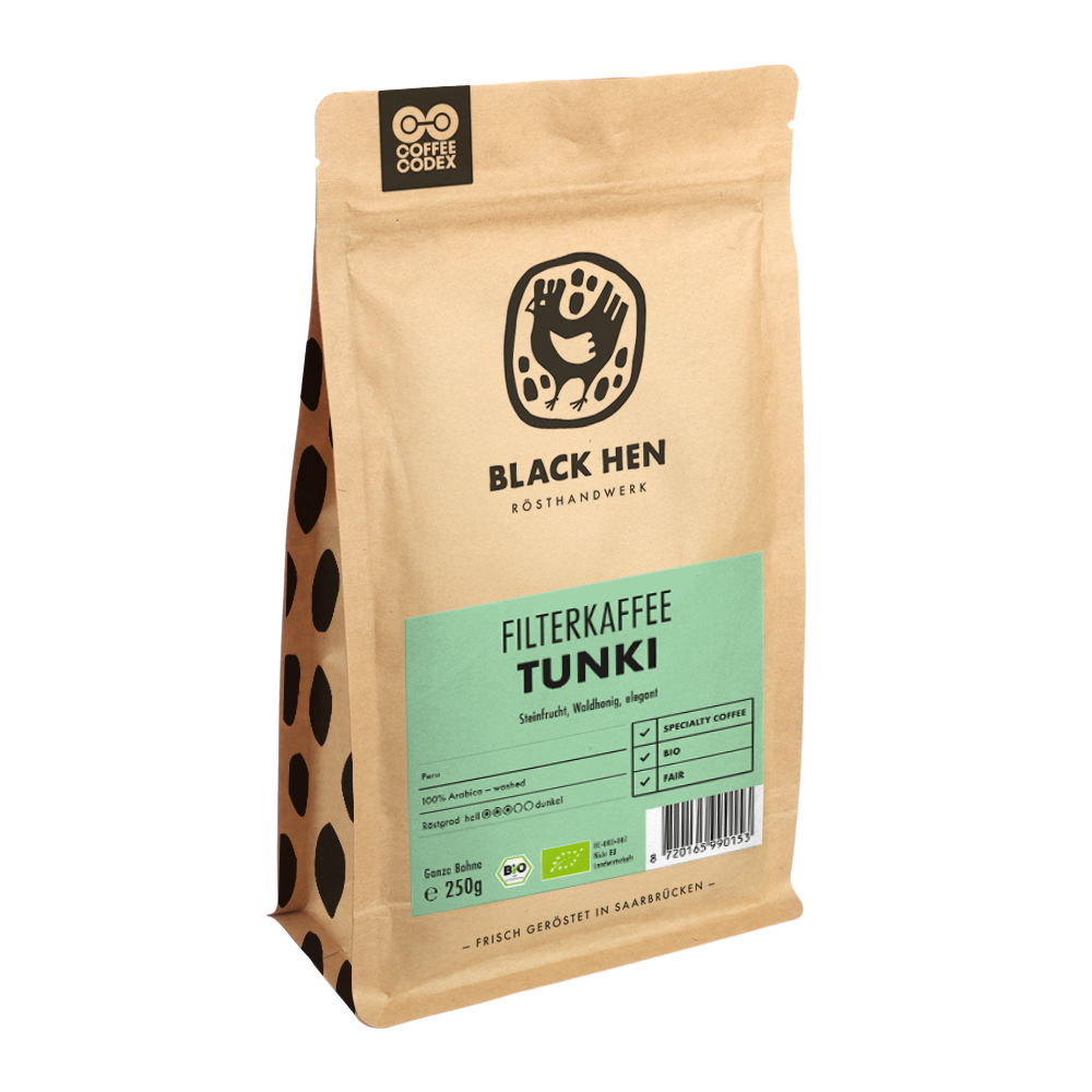 TUNKI Filterkaffee, braune Verpackung mit grünem Etikett.