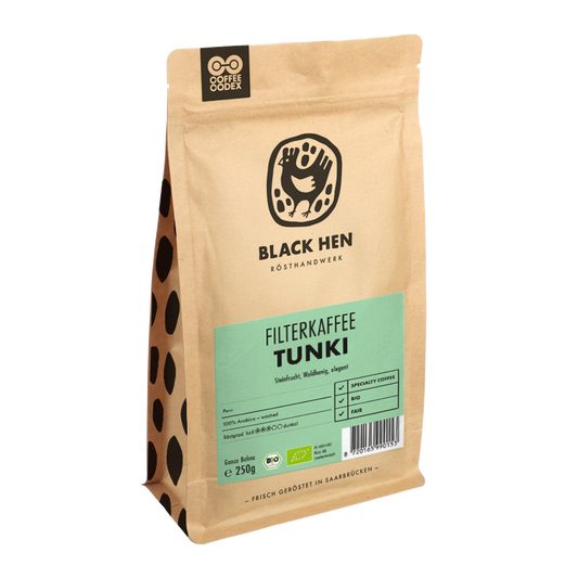 TUNKI Filterkaffee, braune Verpackung mit grünem Etikett.