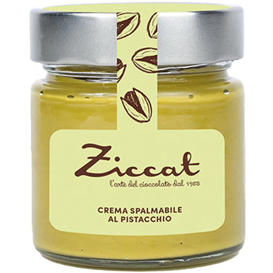 Pistazien Creme von Ziccat im Glas mit silbernem Deckel und cremefarbenem Etikett.