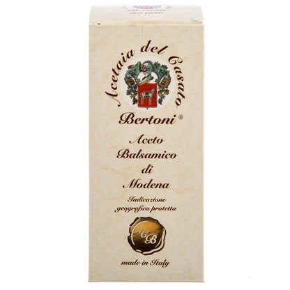 Beige Schachtel mit Bertoni Aceto Balsamico di Modena, 8 Jahre gereift, Herkunft Italien.