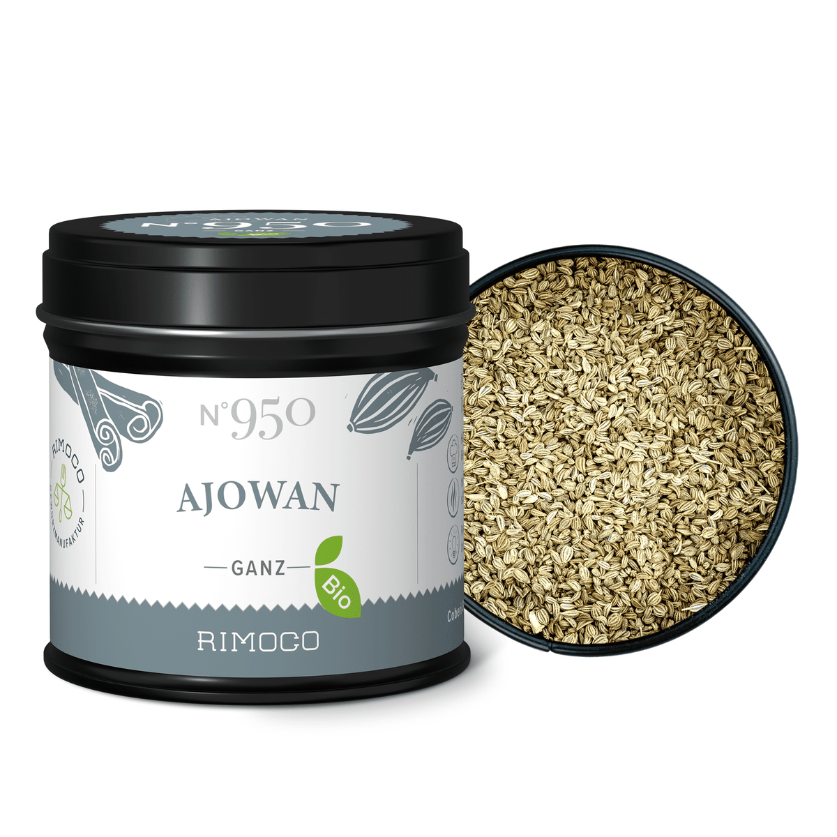 Offene schwarze Dose mit Bio Ajowan, sichtbar sind ganze, braune Samen.