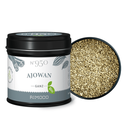 Offene schwarze Dose mit Bio Ajowan, sichtbar sind ganze, braune Samen.