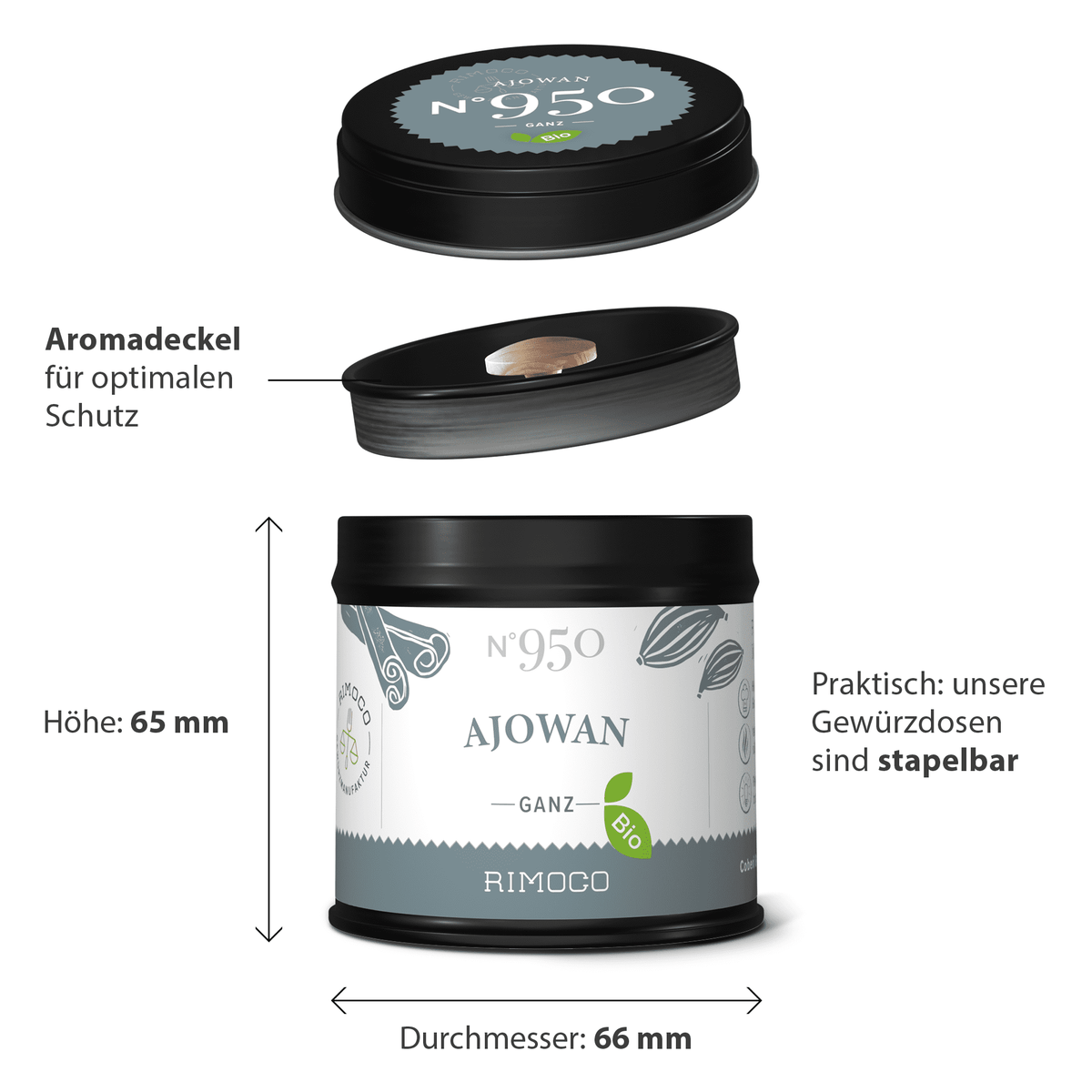 Runde schwarze Dose mit Aufschrift Bio Ajowan und deutschen Angaben, aus drei Perspektiven gezeigt.