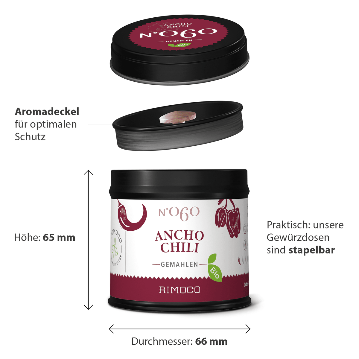 Bio Ancho Chili gemahlen in schwarzer und roter Dose mit Aromaschutzdeckel, gestapelt sichtbar.