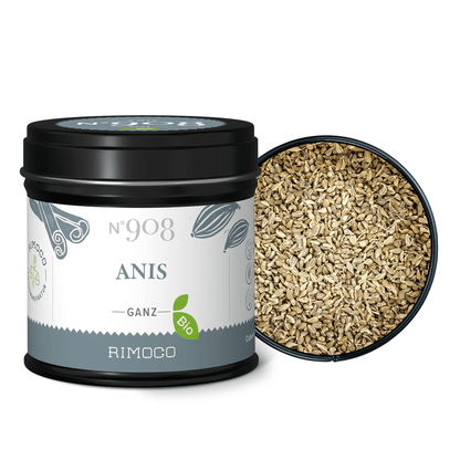 Dose mit Aufschrift Bio Anis ganz; eine geschlossen, eine offen mit ganzen Anissamen sichtbar.