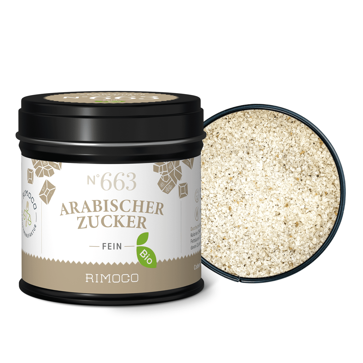 Bio Arabischer Zucker in schwarzer Dose, feiner, hellbrauner Zucker sichtbar.