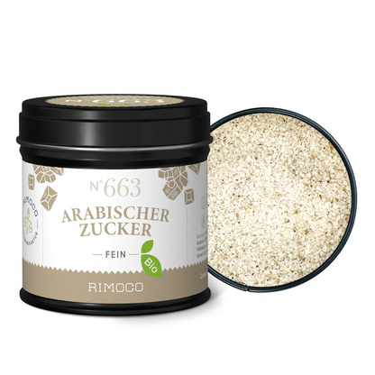 Bio Arabischer Zucker in schwarzer Dose, feiner, hellbrauner Zucker sichtbar.