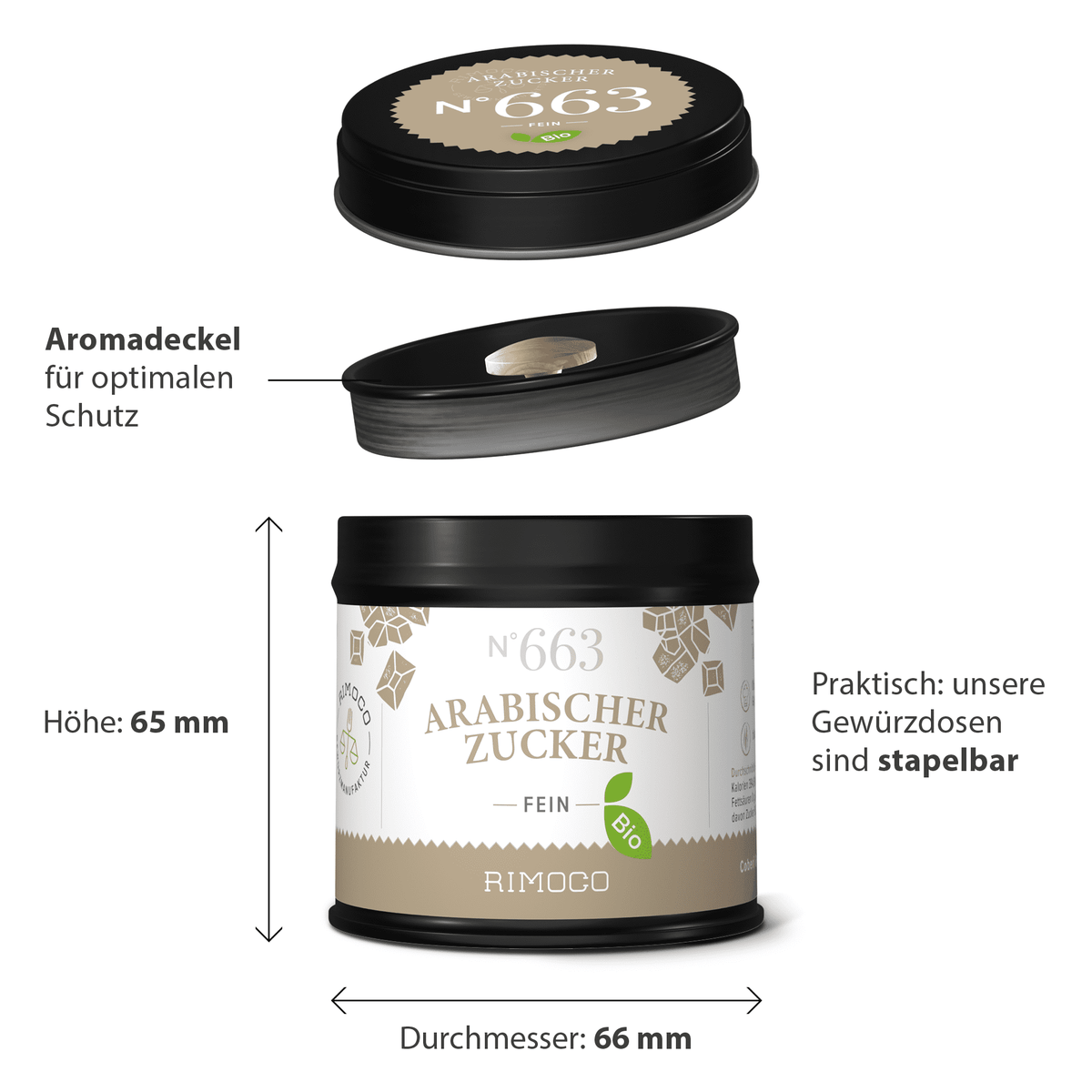 Runde schwarze Dose mit deutschem Etikett für Bio Arabischer Zucker, orientalische Küche.