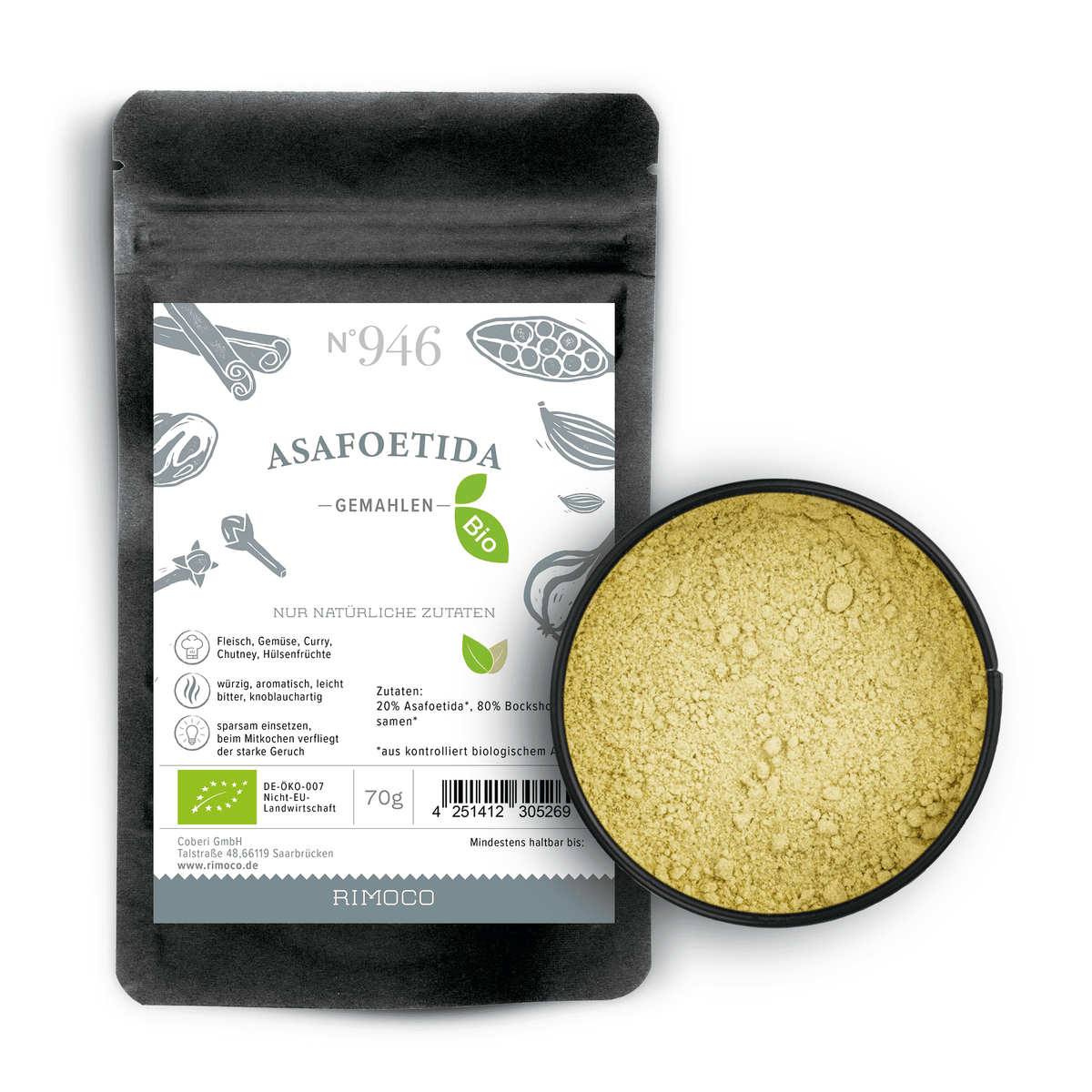 Beutel und Schale mit gemahlenem Bio-Asafoetida.