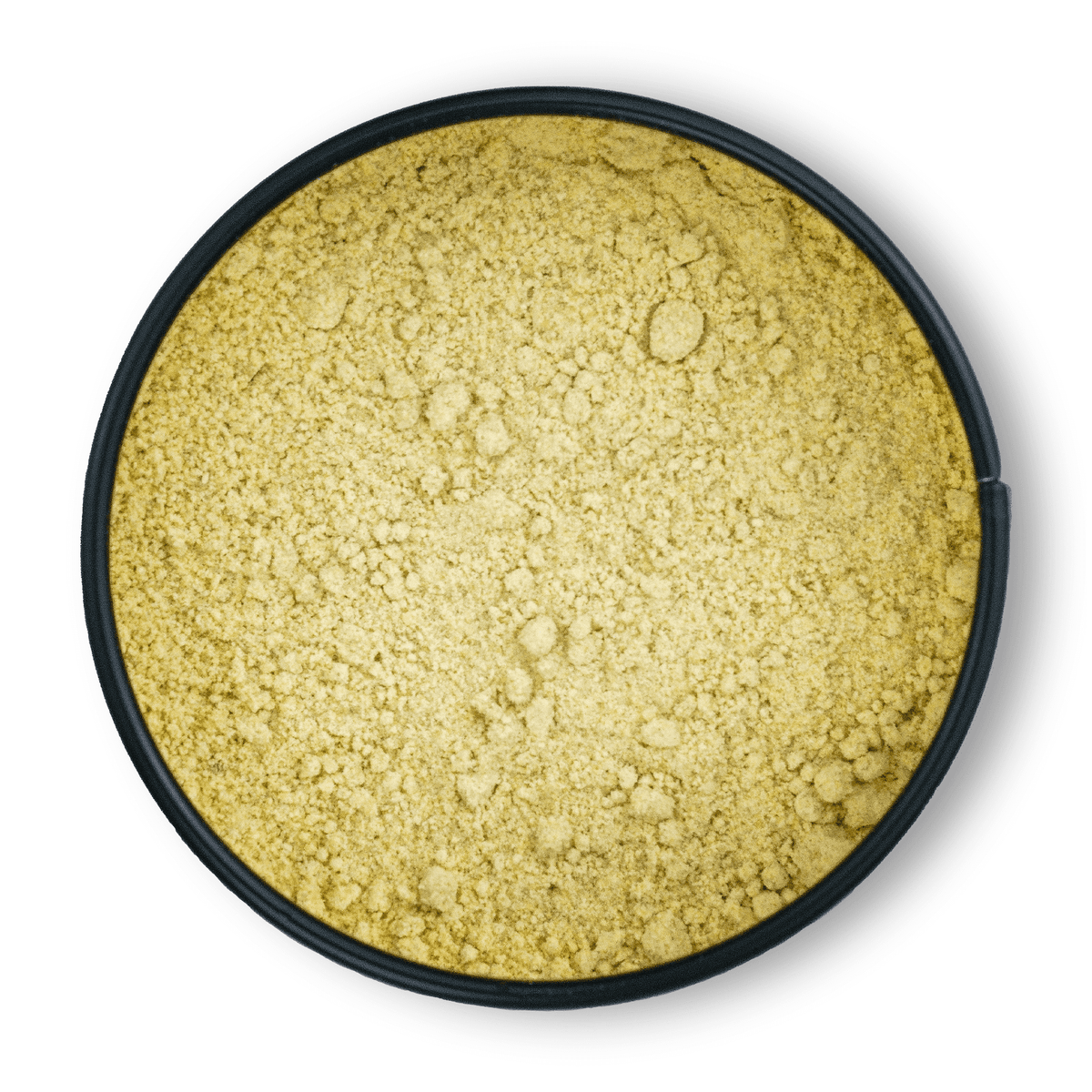 Runde schwarze Dosis Bio-Asafoetida mit fein gemahlenem, gelbem Gewürz namens Teufelsdreck.