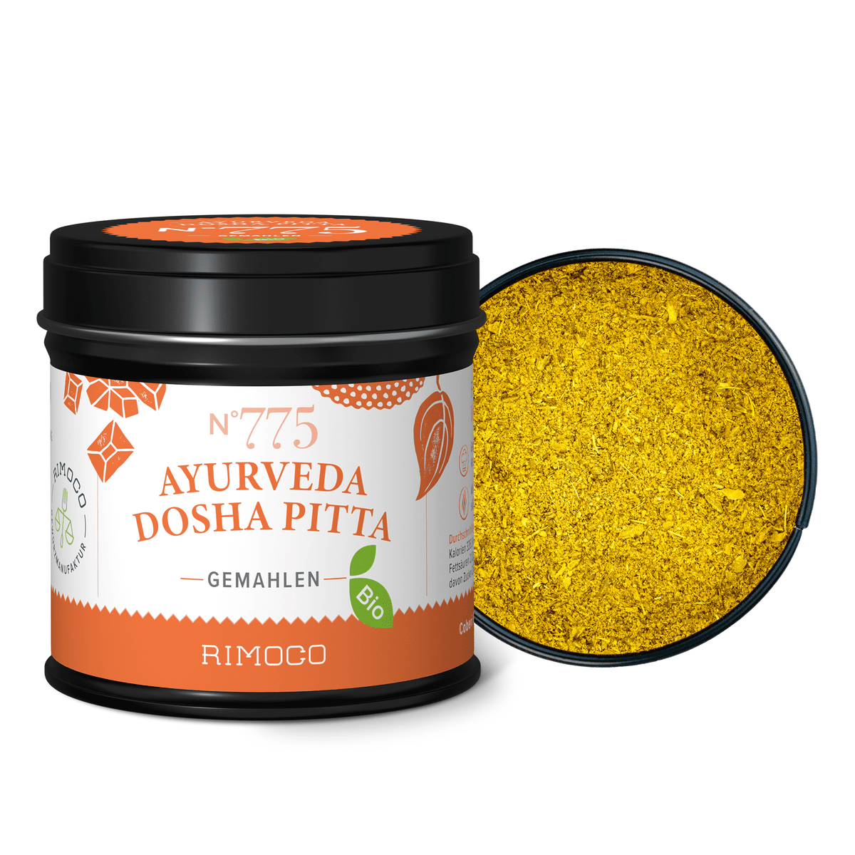 Offene Dose mit Aufschrift Bio Ayurveda Dosha Pitta, im Deckel gelbes Gewürzpulver sichtbar.