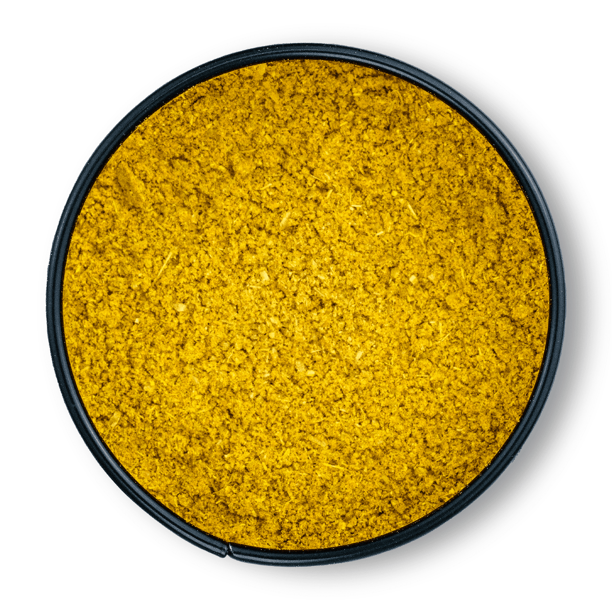 Schwarze runde Schale mit gelbem Bio Ayurveda Dosha Vata, von oben auf weißem Hintergrund gesehen.