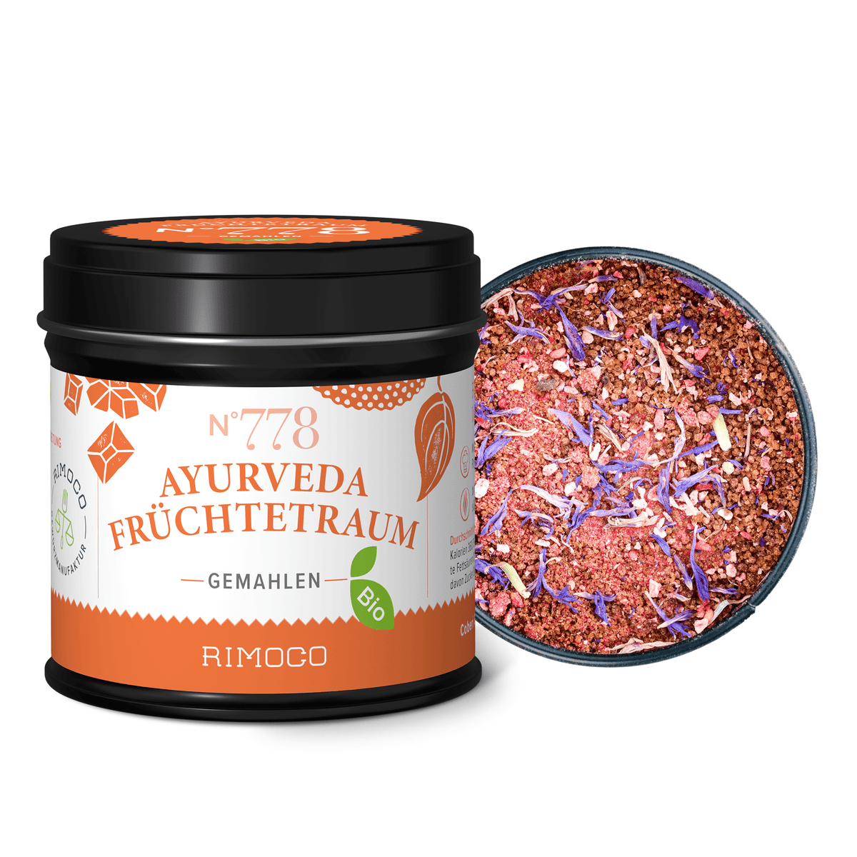 Bio Ayurveda Früchtetraum Gewürzmischung Frühstück im Glas, daneben Blütenblätter.