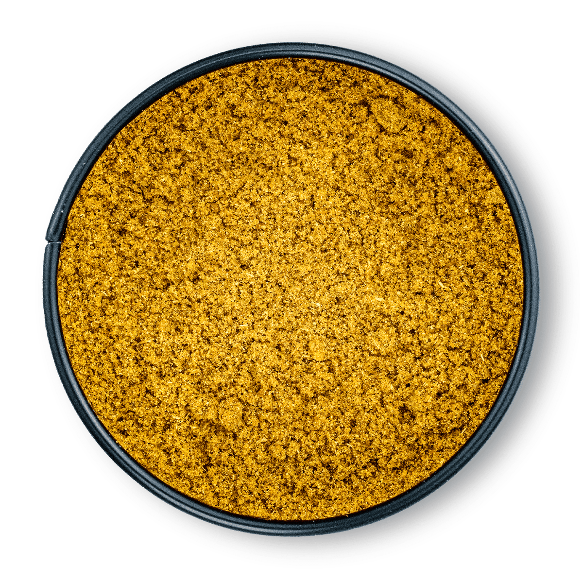 Bio Ayurveda Happy Gemüse Pulver, goldgelb, in runder schwarzer Dose, Aufsicht.
