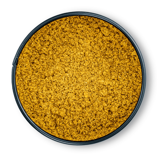 Bio Ayurveda Happy Gemüse Pulver, goldgelb, in runder schwarzer Dose, Aufsicht.