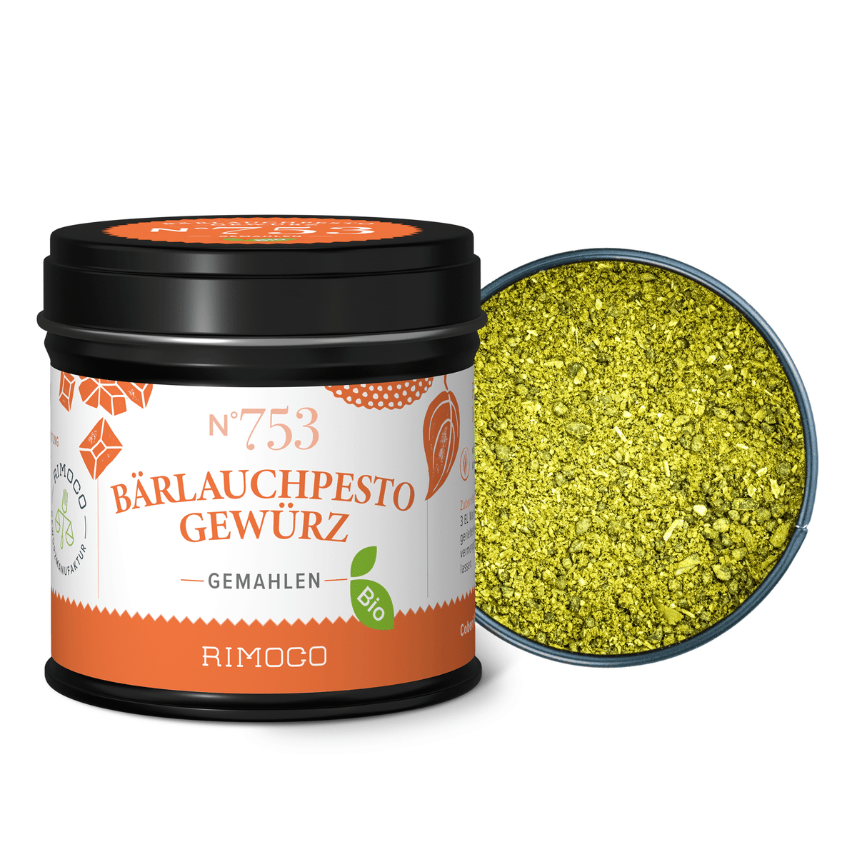 Geöffnetes Glas mit grünem, gemahlenem Bio Bärlauchpesto Gewürz.