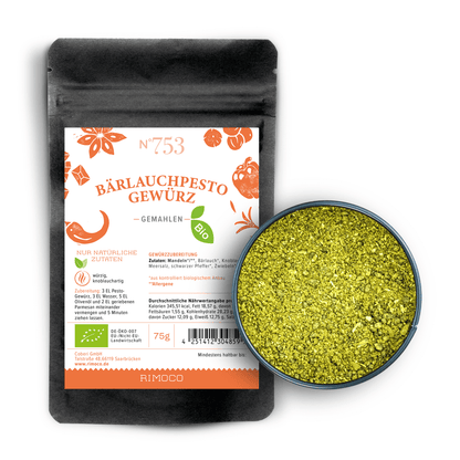 Bio Bärlauchpesto Gewürz in Packung und Schale, Produktname auf der Verpackung sichtbar.