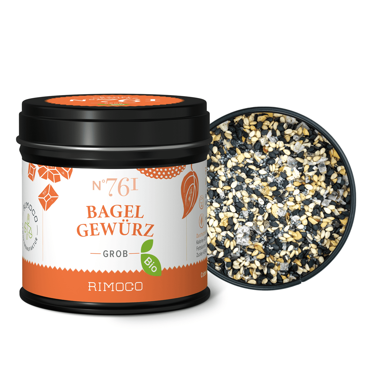 Offenes Glas mit Bio Bagel Gewürz, darin sichtbare grobe Samen und Gewürzmischung.