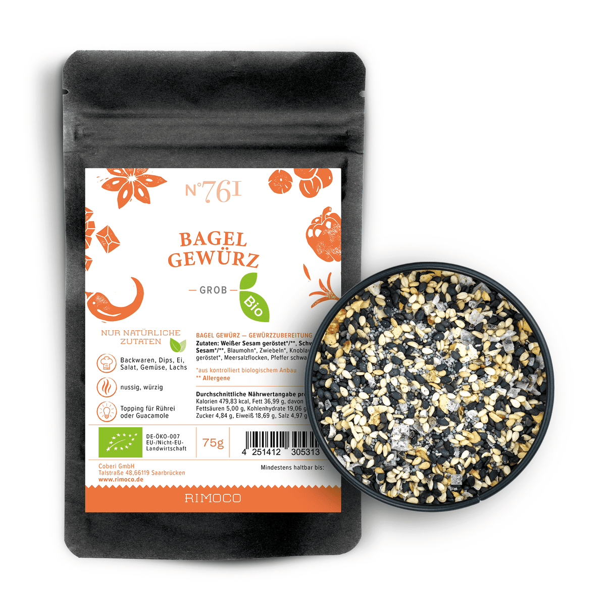 Bio Bagel-Gewürz neben einer Schale mit grobem, gemischtem Bagel-Gewürz auf weißem Hintergrund.