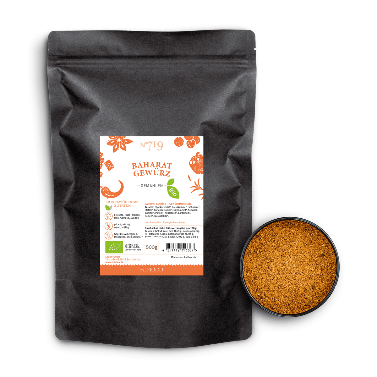 Bio Baharat Gewürz in schwarzem Beutel neben einer Schale.