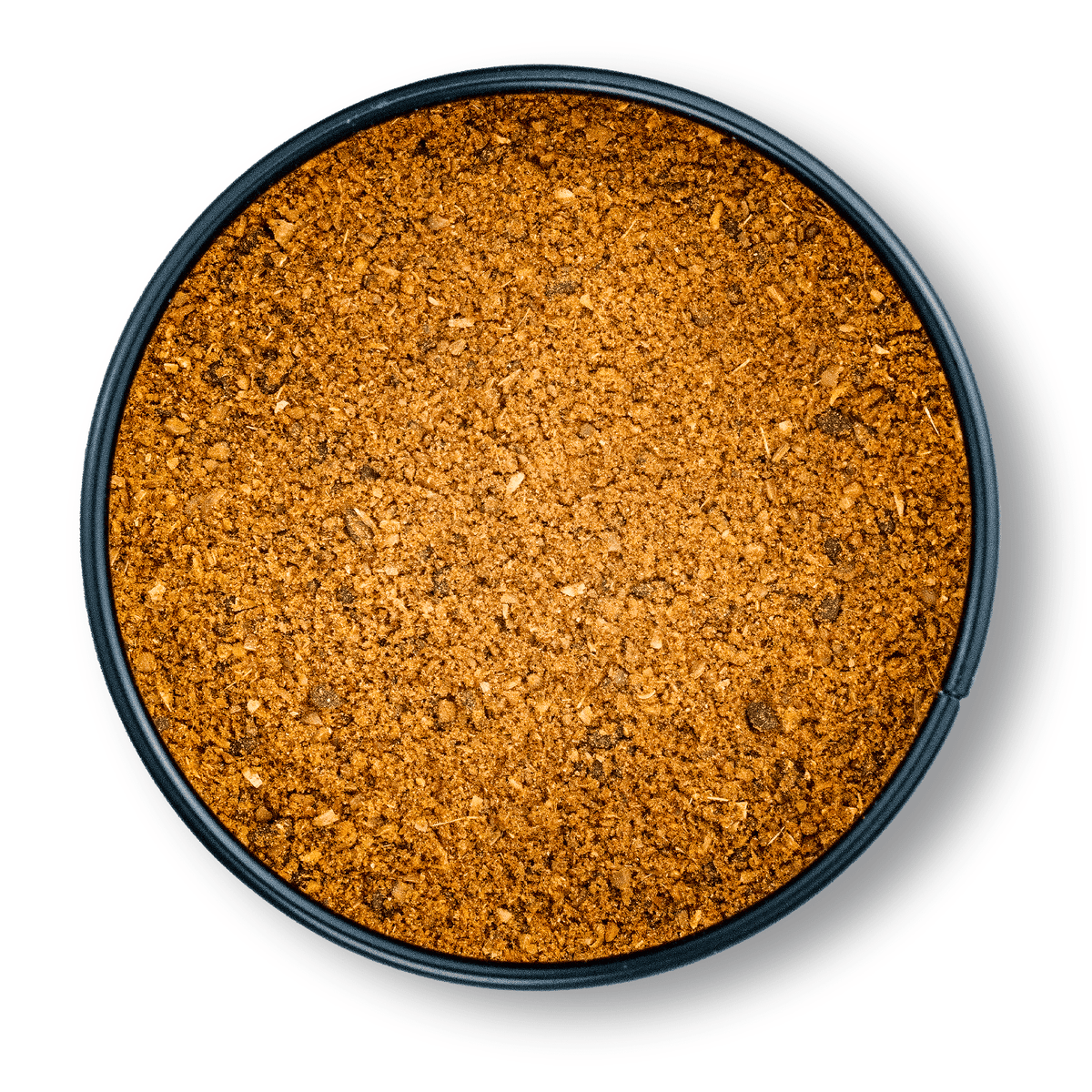 Rundes Gefäß mit Bio Baharat Gewürz, braun-orange gemahlene Mischung von oben sichtbar.