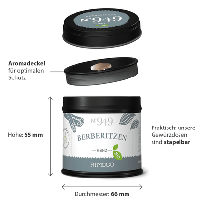 Runde Bio Berberitzen Dose mit schwarzem Aromadeckel, stapelbar, vollständig sichtbar.