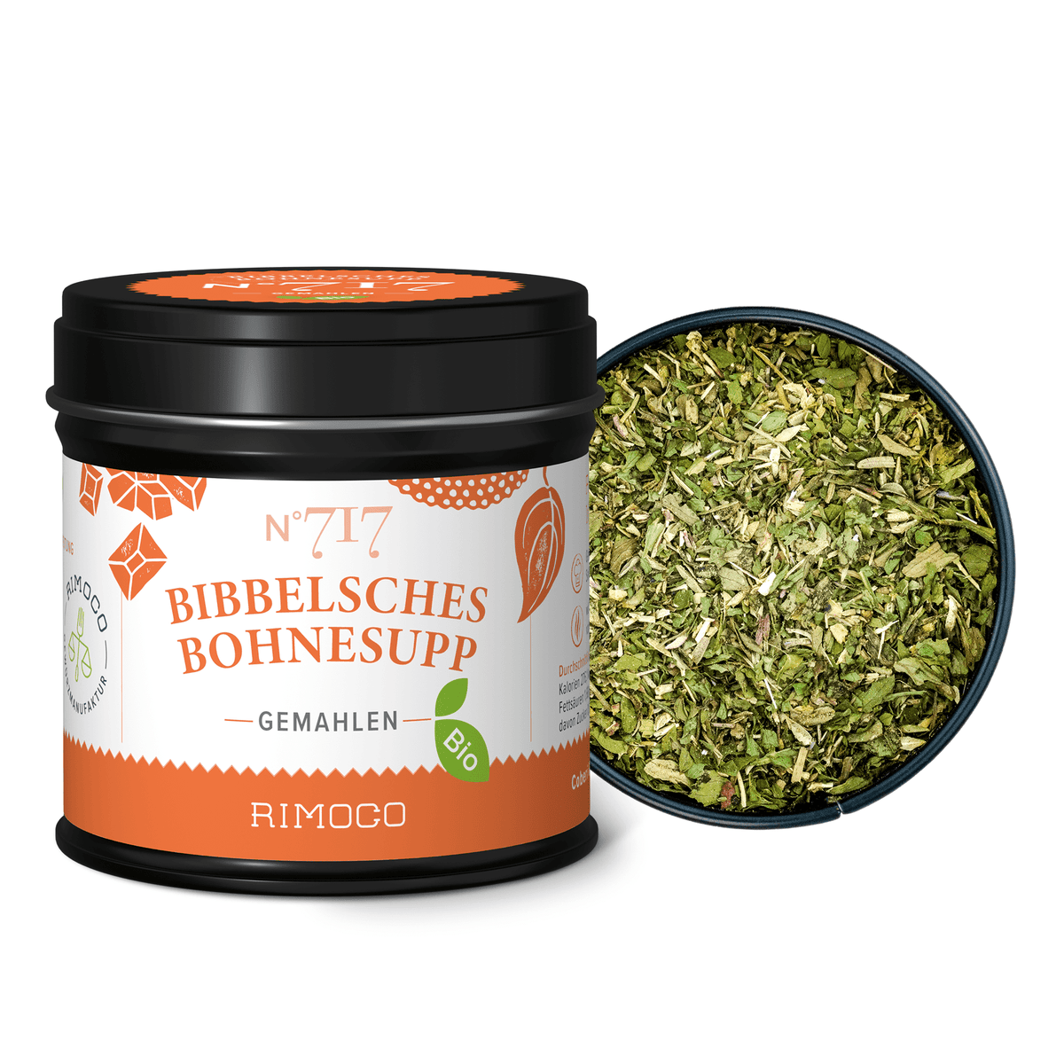 Dose mit Aufschrift Bio Bibbelsches Bohnesupp und Hinweis auf saarländische Gewürzmischung.