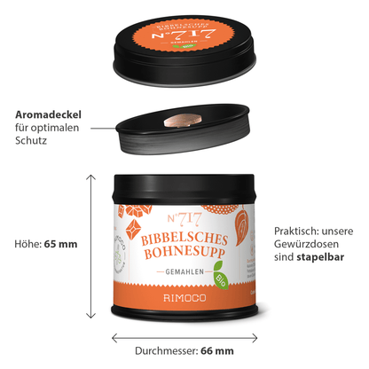 Bio Bibbelsches Bohnesupp in Dose mit Aromadeckel, vollständig sichtbar.
