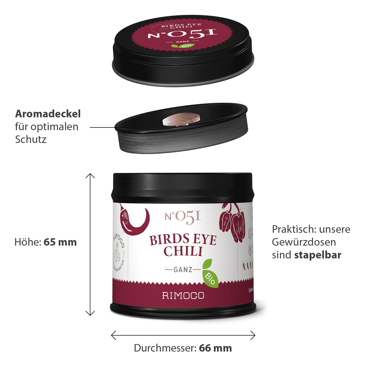 Runde schwarze Dose mit Aufschrift Bio Birds Eye Chili, stapelbar und mit Schutzdeckel.