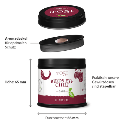 Runde schwarze Dose mit Aufschrift Bio Birds Eye Chili, stapelbar und mit Schutzdeckel.