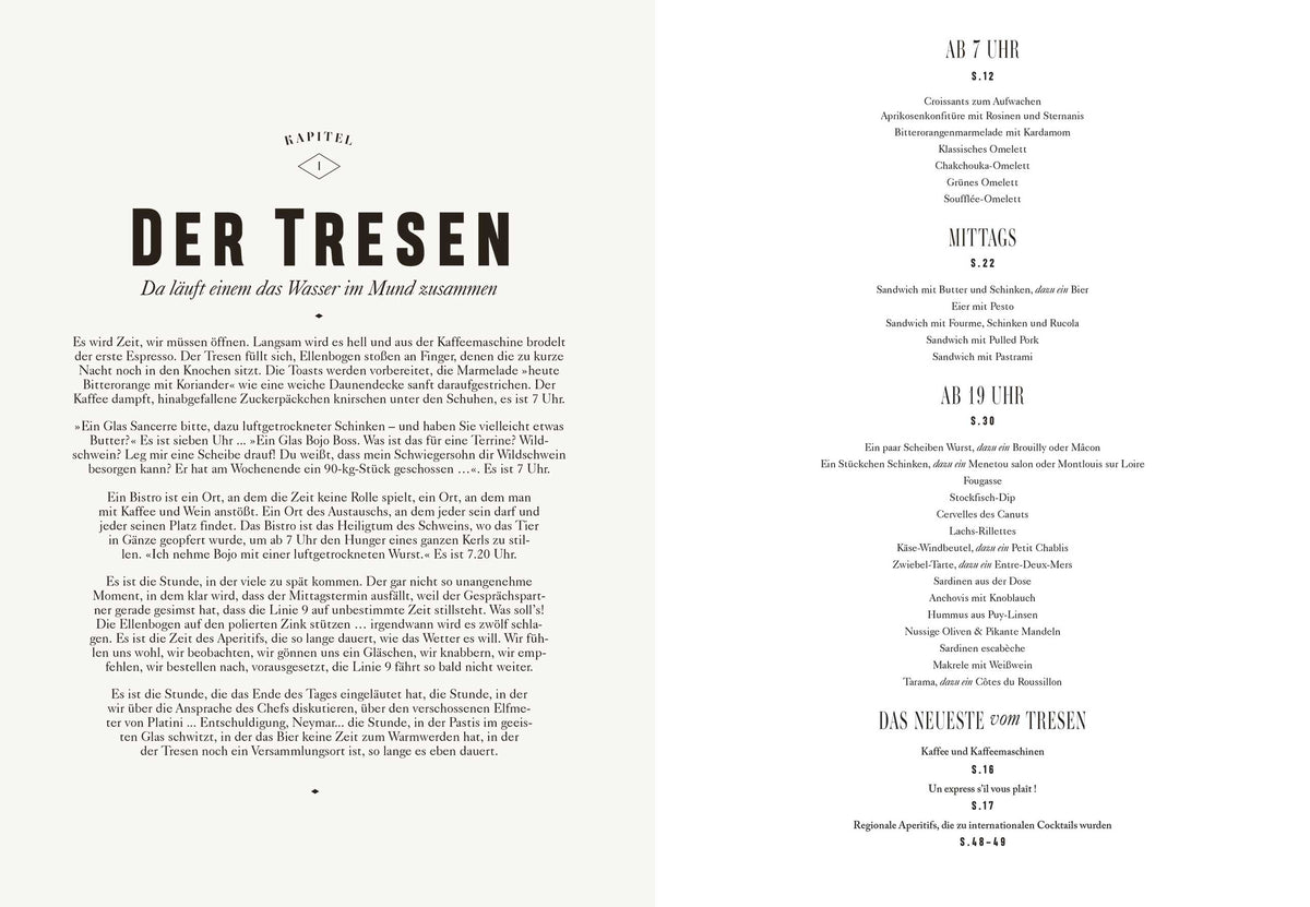 Zwei Seiten einer deutschen Speisekarte von Bistro, Bistro! mit schwarzem Text auf weißem Hintergrund.