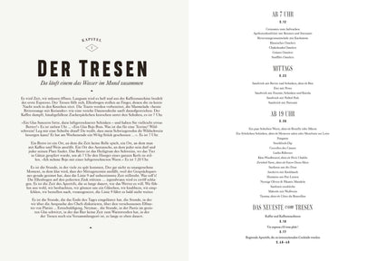 Zwei Seiten einer deutschen Speisekarte von Bistro, Bistro! mit schwarzem Text auf weißem Hintergrund.