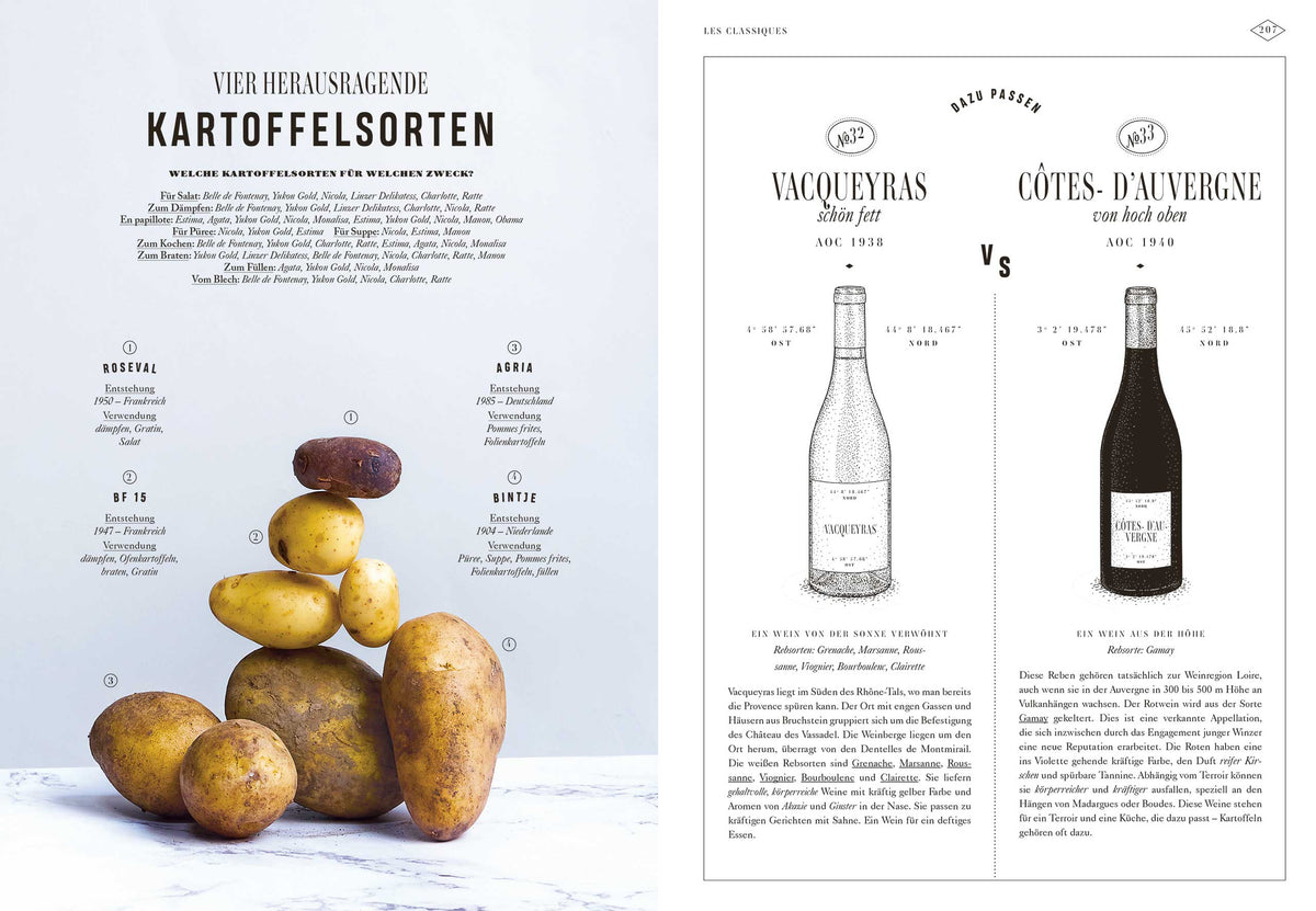 Sieben Kartoffeln in einer Pyramide neben Bistro, Bistro!-Beschreibungen und Weinflaschenskizzen.