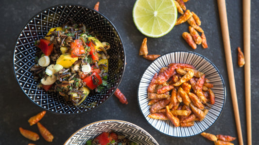 Drei Schalen mit buntem Reissalat, getrockneten Chilis, Limette, Stäbchen und Mango, Chili & Honig.