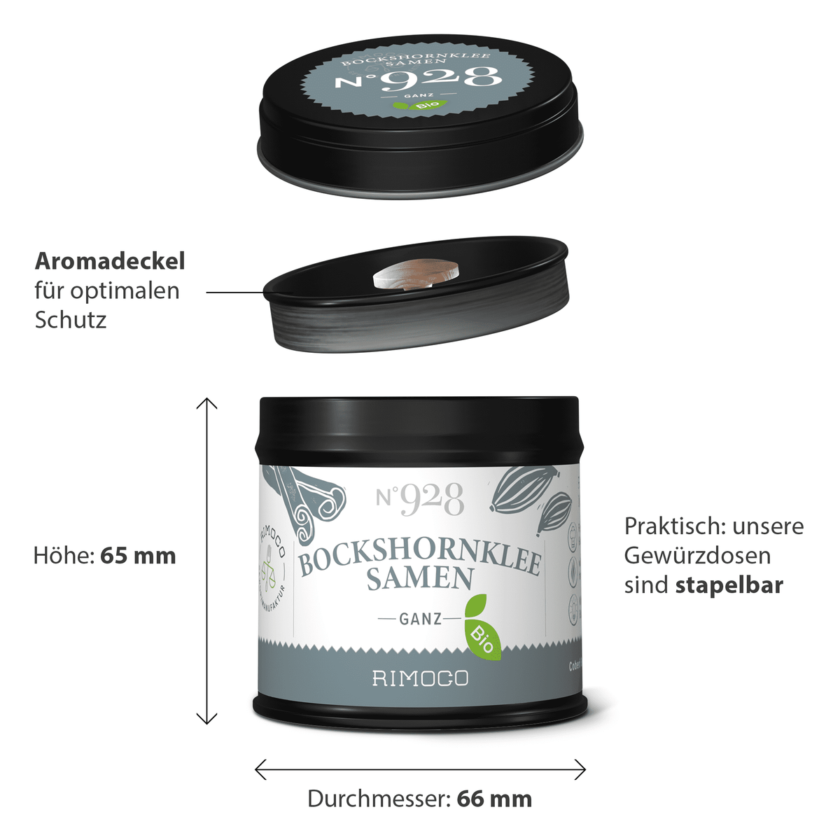 Stapeldose mit Bio Bockshornkleesamen.