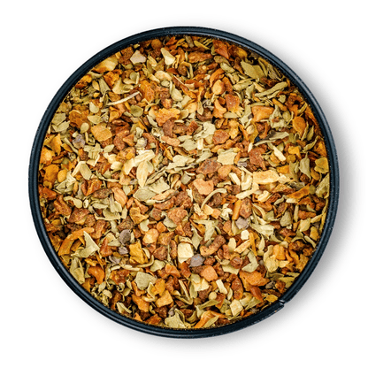 Runde Dose Bio Bolognese Gewürz, bunte Kräuter- und Gewürzmischung von oben gesehen.