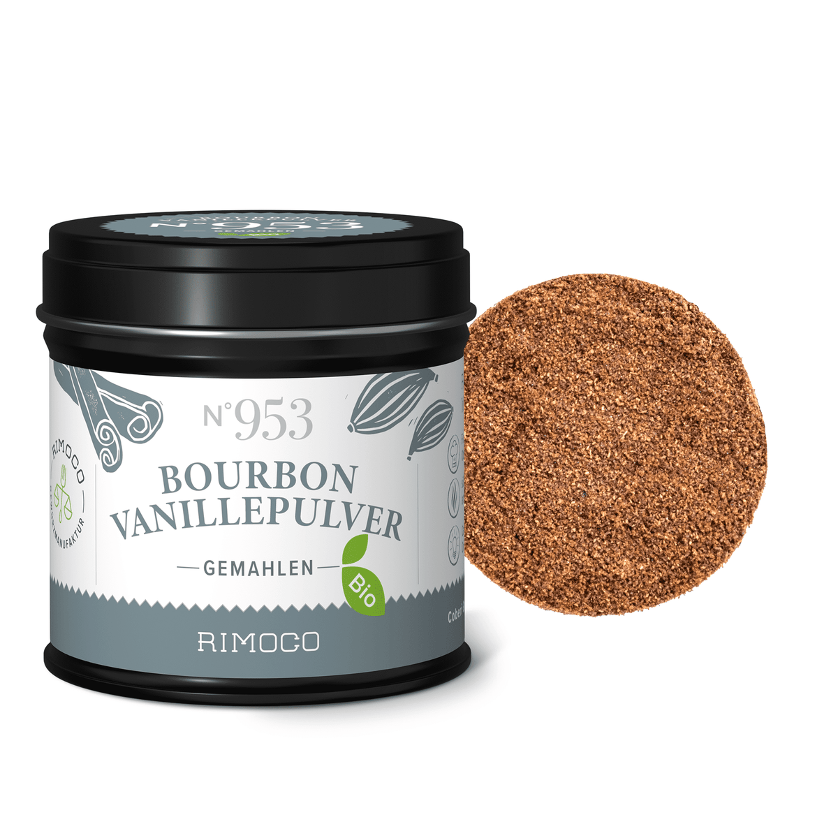 Ein Glas mit Etikett Bio Bourbon Vanillepulver steht neben einer Nahaufnahme des Pulvers.