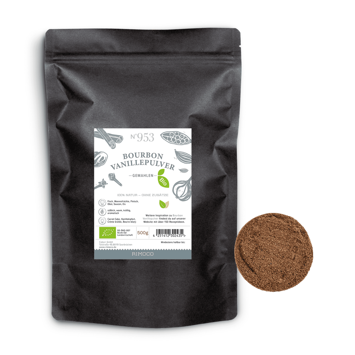 Bio Bourbon Vanillepulver in schwarzem Beutel, daneben ein kleiner Haufen braunes Pulver.