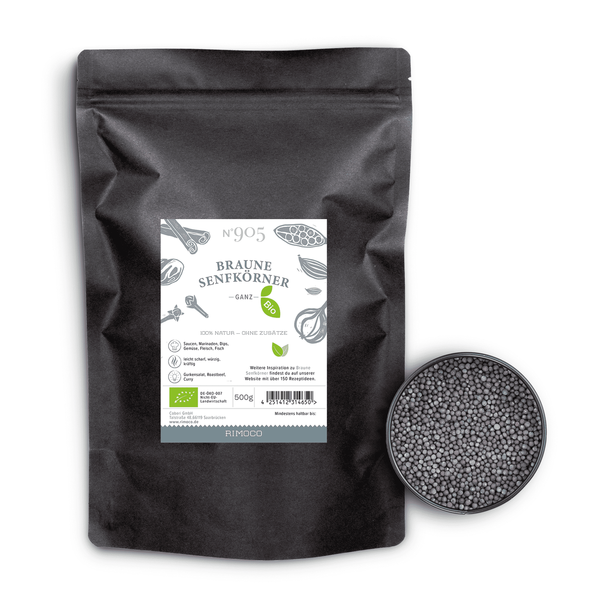 Bio Braune Senfkörner in schwarzer Packung mit einer Schale brauner Senfkörner daneben.